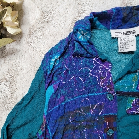 Vintage CM Shapes Turquoise Blue Green Patchwork Button Up Blouse Size 6 - Picture 2 of 8